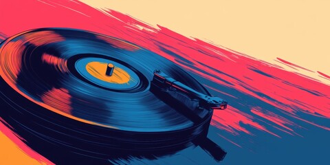 Vinyl record on turntable with abstract paint strokes.