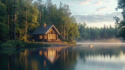 Obraz premium Wooden cabin on lake with trees and fog.
