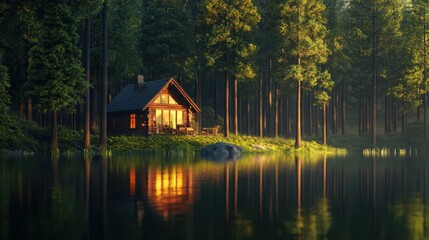 Fototapeta premium Luminous cabin by lake in dense forest.