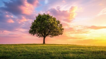Fototapeta premium A lone tree standing in an open field at dusk with a vibrant sunset in the background