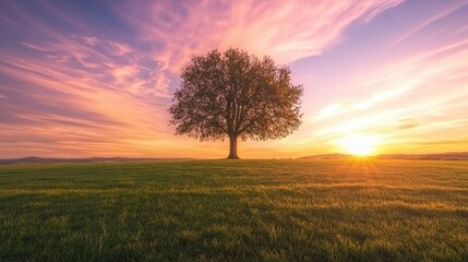 A lone tree standing in an open field at dusk with a vibrant sunset in the background