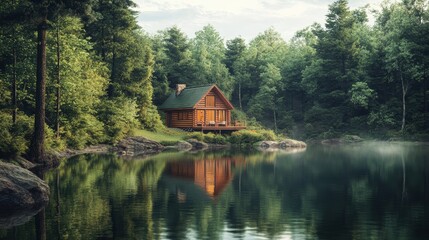 Obraz premium Wooden cabin by lake in lush forest.