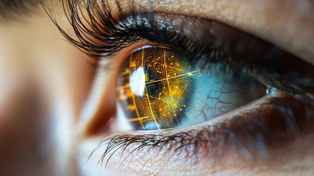 Futuristic Human Eye Close-Up : A detailed close-up of a human eye with digital overlays and scanning lines, suggesting biometric identification, eye-tracking technology, or futuristic medical assessm