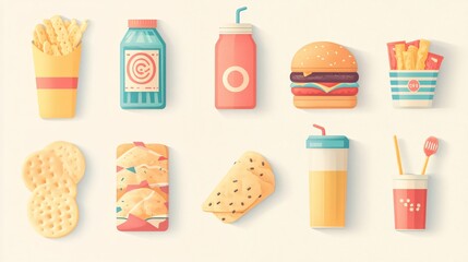 2408 63.A detailed vector illustration of fast food snacks such as a sandwich, chips, a juice bottle, and crackers, arranged neatly in a clean and simple layout. The bright, playful colors highlight