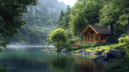 Fototapeta premium A log cabin by a misty lake in the woods.