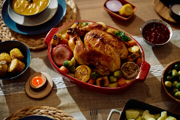 Roast turkey and side dishes served on Thanksgiving at dining table.