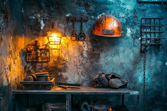 Close-Up of Miner’s Helmet and Tools for National Miners Day Celebration with Copy Space