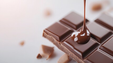 broken chocolate bar piece melting on blur background