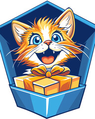 A cartoon cat is sitting in a box with a bow on its neck. The cat is smiling and he is happy