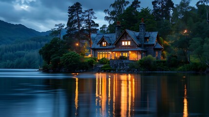 Obraz premium A beautiful cottage by the reservoir during the evening