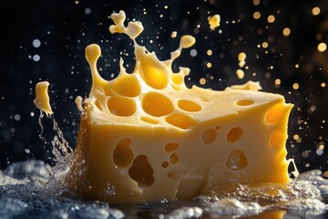 Swiss Cheese Splashing in Water with Bokeh Background