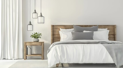A modern bedroom with chic decor featuring a neatly made bed, decorative cushions, and a minimalist nightstand