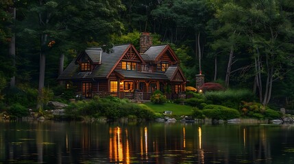 A beautiful cottage by the reservoir during the evening