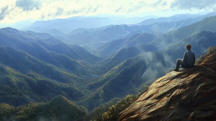 Obraz premium Serene Landscape with Figure Overlooking Mountain View