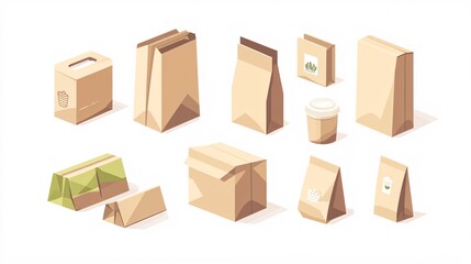 Obraz premium 2408 70.A set of biodegradable, eco-friendly packaging including kraft boxes, paper bags, and reusable wraps. The flat design style emphasizes the practicality and sustainability of these products,