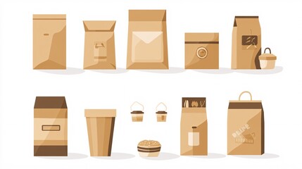 2408 70.A set of biodegradable, eco-friendly packaging including kraft boxes, paper bags, and reusable wraps. The flat design style emphasizes the practicality and sustainability of these products,