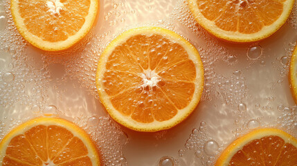 Fototapeta premium Orange slices and water droplets on the table