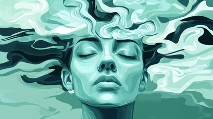 Tranquil Woman with Abstract Hair Underwater Swirls