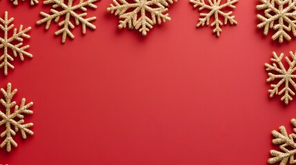 Obraz premium Elegant Golden Snowflakes Falling on a Festive Red Background with Copyspace