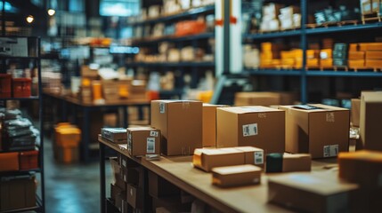 2408 32.A well-organized table in a distribution center, filled with brown shipping boxes and labels, ready for post courier delivery. The background shows shelves of additional stock, highlighting