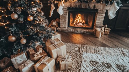 A cozy corner with a Christmas tree and gifts by the fireplace, setting the perfect holiday mood.