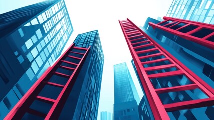 Red Ladders Against Blue Cityscape Background