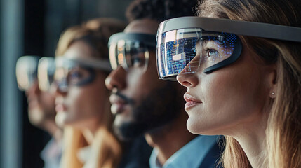 Innovative corporate team using augmented reality technology for collaboration and training, showcasing diverse individuals engaged in futuristic experience