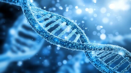 Abstract DNA Helix in Digital Blue Glow: A close-up of a 3D digital DNA helix, glowing in a futuristic blue color, surrounded by data points and numbers, symbolizing genetic research and bioinformatic