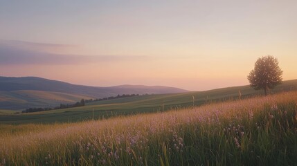 A quiet countryside landscape at dusk with soft, warm light and distant hills
