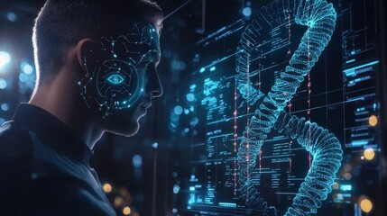 AI Learning from DNA : A holographic interface showing AI learning patterns based on DNA data