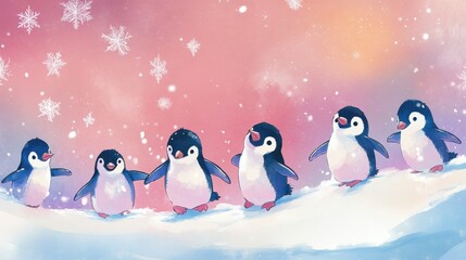 A whimsical scene of playful penguins on a snowy landscape, surrounded by falling snowflakes against a pastel background.