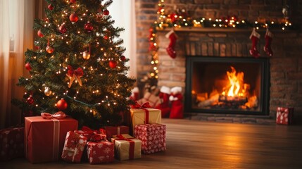 A warm holiday scene with a decorated tree, a crackling fireplace, and gifts waiting to spread Christmas cheer.
