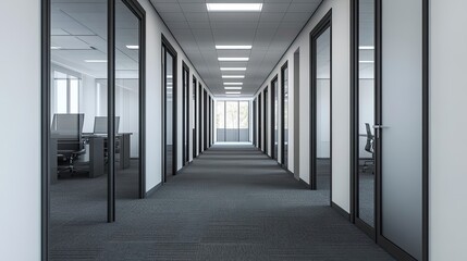 An office hallway with glass doors and grey carpet