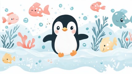 Obraz premium A cheerful penguin swims among colorful fish and seaweed in a whimsical underwater scene.