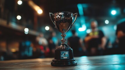 Shiny Trophy on Wooden Table in Event Background