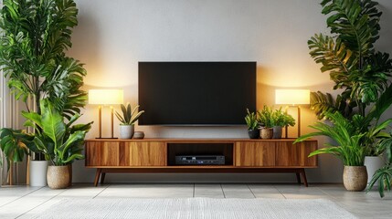 Contemporary living room with a sleek TV cabinet, surrounded by houseplants and glowing lamps near a white wall.