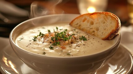 A steaming bowl of creamy soup with a garnish of herbs and a slice of crusty bread on the side