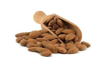 Wooden scoop overflowing with almonds isolated on white background