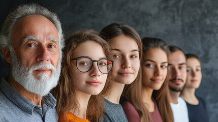 diverse group of employees stands in line, showcasing range of ages and styles. Their expressions reflect confidence and unity, highlighting importance of teamwork and collaboration