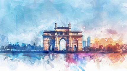 Watercolor splash with hand drawn sketch of Gateway of India Mumbai, India in illustration