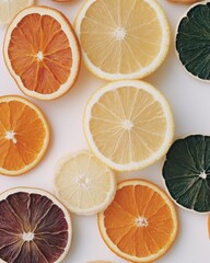 Obraz premium Vibrant Citrus Slices Arrangement with Earthy Tones on White Background