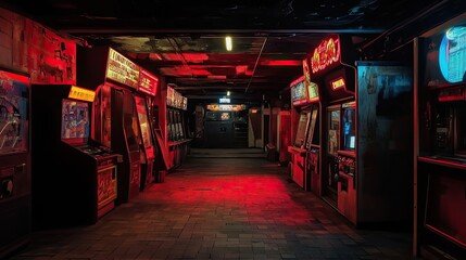 A dimly lit arcade alley with rows of vintage arcade games