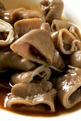 Closeup vertical shot of the cooked braised pork belly with gravy in a white bowl