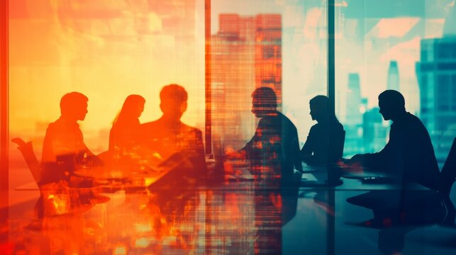 Double exposure of shadowy figures in a collaborative workspace, smooth gradient light transitions