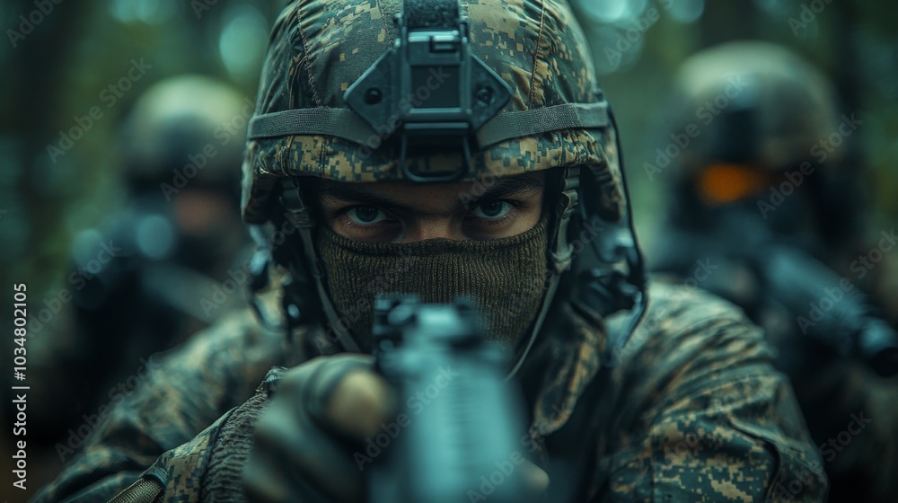 Poster a group of soldiers dressed in camouflage gear is engaged in tactical training, emphasizing teamwork