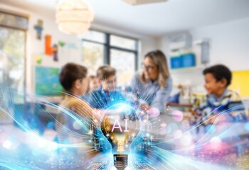 A glowing light bulb with the letters AI inside of it, set against a classroom background with a blurred teacher and students.