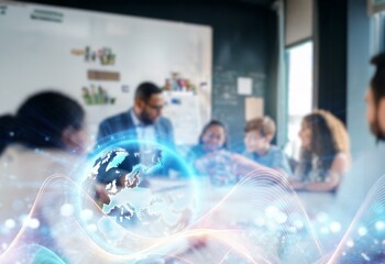 A blurred classroom setting with a glowing earth graphic in the foreground, suggesting a global education theme.
