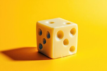 A Single Cube of Swiss Cheese with Large Holes on a Yellow Background