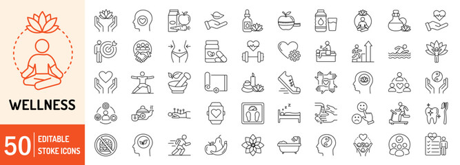 Wellness editable stroke outline web icons set. Healthy habits, yoga, spa, aromatherapy, relaxation, sleep, exercise and diet. Vector illustration