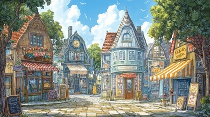 Whimsical Street with Shops and Cafes